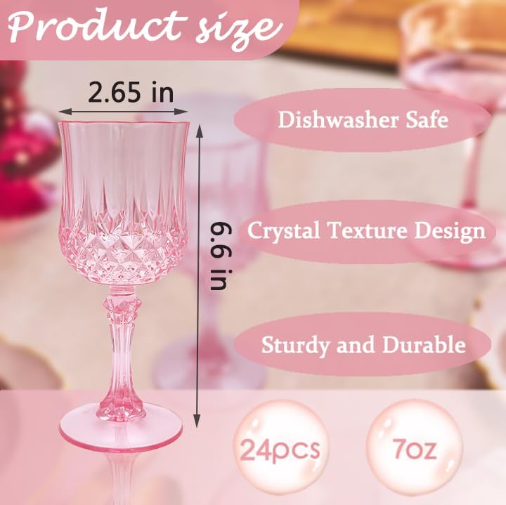 Plastic Wine Glasses, Plastic Goblets Vintage Style Cordial Drinking Glasses for Valentine’s Day, Wedding Reception, Grand Event Party Supplies (24, Pink) - Image 2