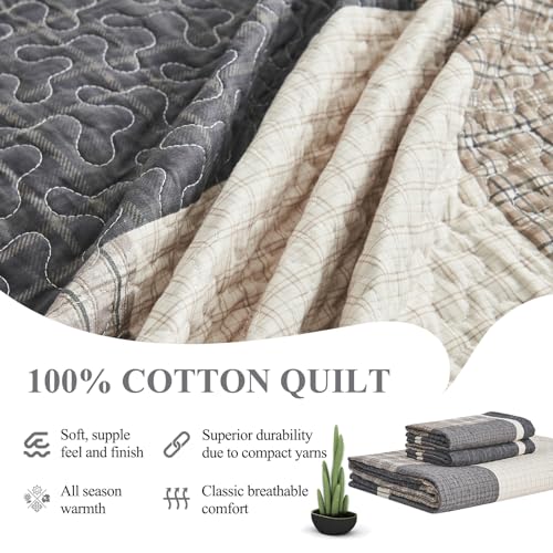 DDUOXIN Farmhouse Plaid King Quilt Set - 100% Cotton Quilts with 2 Pillow Shams, Bedspread Lightweight Thin Comforter Bedding Sets for All Seasons, Beige/Greenish Brown/Gray, King(106" W x 98" L) — view 5