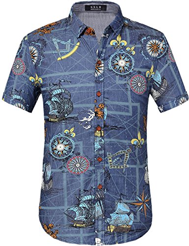 SSLR Men's Printed Casual Short Sleeve Denim Button Down Shirt (Medium, Blue)