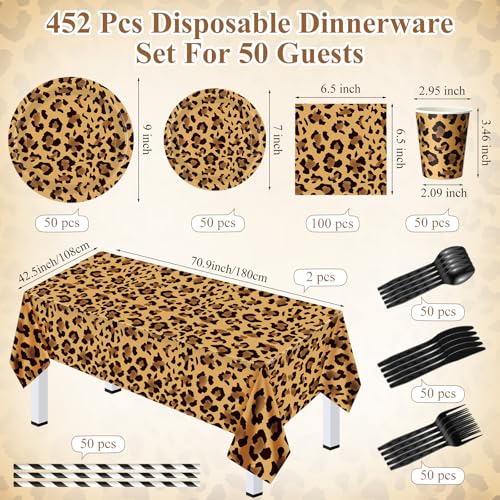 Image of Funnymoom 452 Pcs Leopard Print Party Decoration Cheetah Print Paper Plates Napkins Cups Tablecloth Cutlery Straws Tableware for Jungle Safari Animal Theme Birthday Baby Shower Party Supplies Serve 50