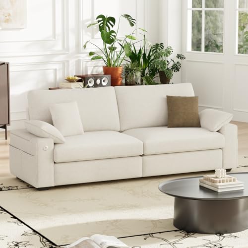 Image of MALOL 89 inch Loveseat Couch, 3 Seater Upholstered Midcentury Mondern Love Seat with USB Type C Ports, 4 Pillows and Storage Armrest Cloud Foam Sofa for Living Room /Small Spaces, Beige | Breathable material