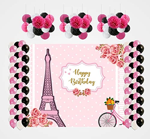 Theme My Party Combo Kit -"Paris Oh La La " Decoration Kit With Backdrop ,Balloons And Pom Pom /Lanterns" (6ft X 4ft)