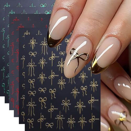 Christmas Nail Art Stickers, Christmas Bow Nail Decals 3D Self Adhesive with Red Green Gold Bow Ribbon Design 6Pcs Glitter Nail Decoration Supplies for Women Girls
