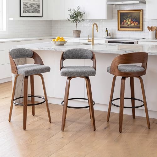 Image of AQG Swivel Bar stools Set of 3 Bar Chairs 26 inch Counter Height Mid-Century Modern Bentwood Barstool Faux Linen Upholstered Bar Chair with Back and Footrest, for Bar, Cafe, Dining, Kitchen Island, Gray