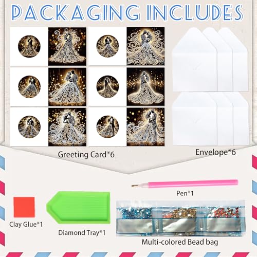 Image of AiYuanzsh 6 Pack Diamond Painting Greeting Cards with Envelopes, DIY 5D Diamond Art Card Kit Romantic Wedding Couples, 30x15cm Handmade Rhinestone Cards Crafts for Wedding Wishes and Celebration