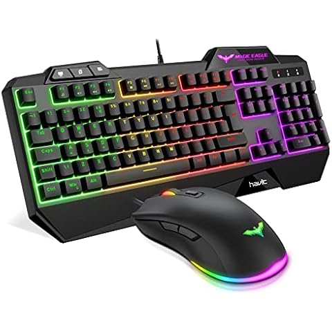 Gaming Keyboard {UK Layout}, HAVIT Rainbow LED Backlit Wired Keyboard and Right-Handed Mouse Combo Set, Black Cover