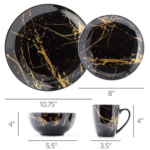 Elama Fine Marble 16-Piece Black Glossy Round Porcelain Dinnerware Set
