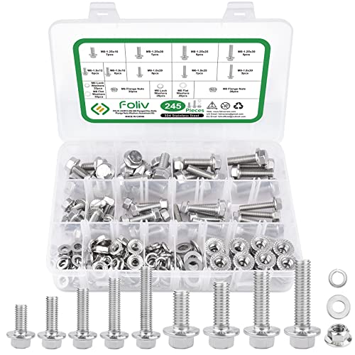 FOLIV 245PCS M6+M8 Stainless Steel Flange Hex Head Bolts Screws Nuts Washers Assortment Kit, Fully Coarse Thread
