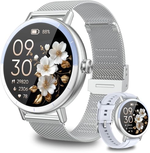 Image of KEEPONFIT Smart Watches for Women Android /iPhone, IP68 Waterproof Fitness Tracker with Bluetooth Calls(Answer&Make), Activity Pedometer /Heart Rate /SpO2 Monitor /100+ Sports Model (Silver Blue)