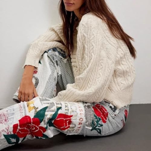 Women's Summer Wide Leg Barrel Jeans Striped Vintage Floral Bell Bottoms with Cherry & Rose Patchwork Jeans4