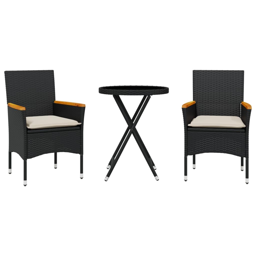 Set da bistrò da 3 pezzi, con cuscino, in polyrattan nero, vetro
