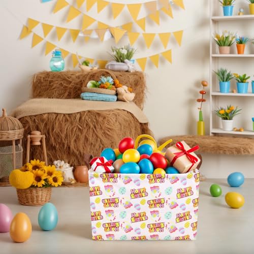 Image of Large Empty Easter Basket for Kid Baby Rectangular Cute Easter Gift Bunny Eggs Decor Storage Basket (Pink Happy Egg)