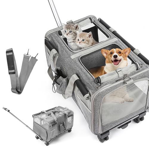 Sac à roulettes pour Chat Chien Pliable Transporteur Roulant, Sac de Transport Chats Poignée Télescopique Bandoulière pour 2 Chats et Petits Chiens...