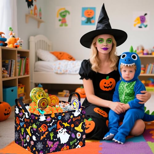 Image of MAIZMZ Halloween Storage Basket Pumpkin Ghost Gift Basket for Kids Foldable Toy Box Waterproof Organizer Bin Laundry Nursery Hamper for Home Office Dorm Closet Shelf