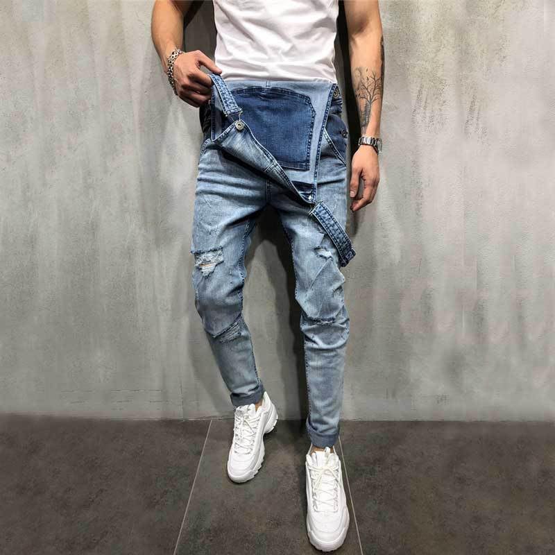 Men's Ripped Denim Suspenders Jeans Pants3
