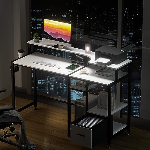 Image of GreenForest Computer Desk with Drawers and Power Outlet, 55 inch Office Desk with Printer Shelf Monitor Stand, Work Desk with Cup Holder Hook, White, BERT
