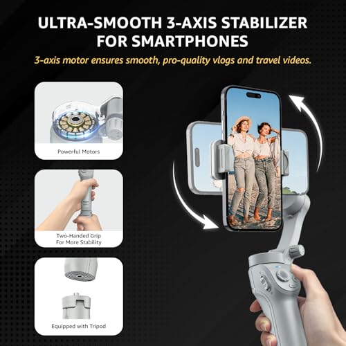 Image of Amazon Basics 3-Axis Smartphone Gimbal Stabilizer with AI Face&Body Tracking|Foldable Design |Adjustable Fill Light| 8 Hr Battery| iPhone, Android Compatible| Perfect for travel /vlogging,Grey (AB-M01)