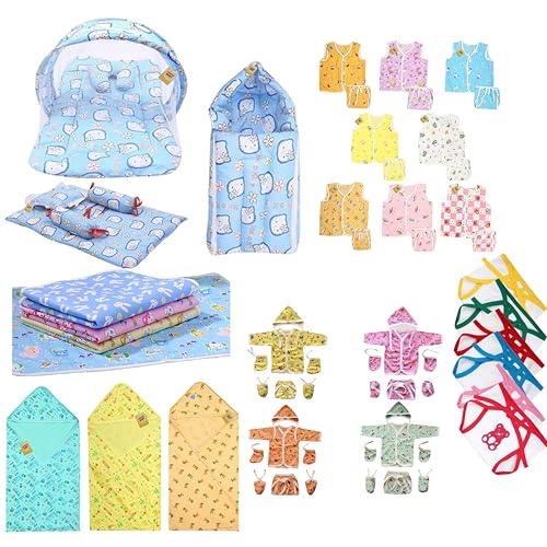 Image of Infantbond 56 in 1 New Born Baby Complete Daily Items Combo (0-6 Months) (Apple) (Blue Kitty)