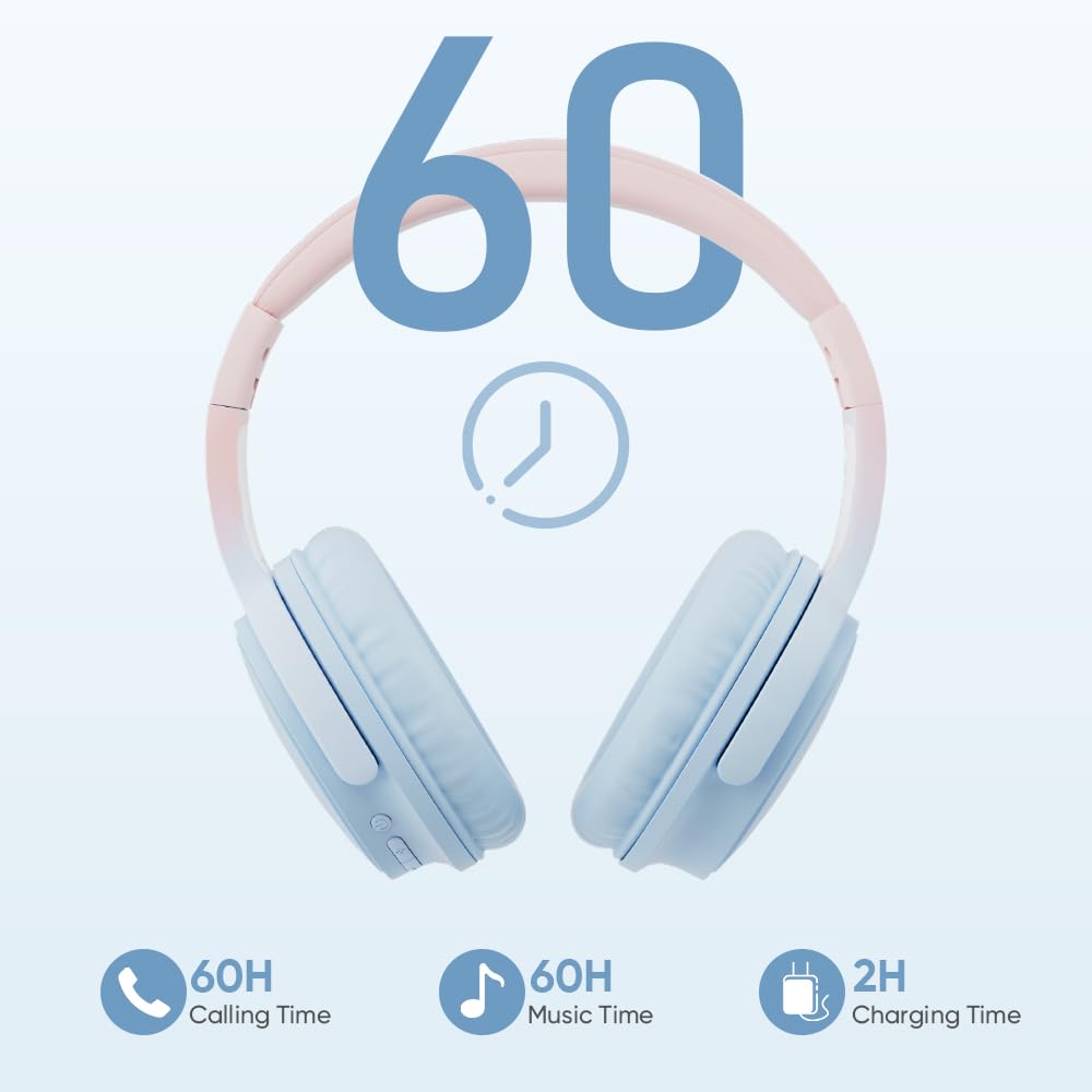 Jassco Cuffie wireless Bluetooth over ear con microfono, audio Hi-Fi, 60 ore di riproduzione, controllo touch, pieghevoli, leggere, cuffie on-ear per ragazze e donne, viaggi, lavoro, blu