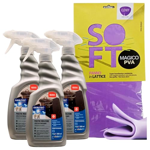 SET PULIZIA: Sgrassatore Spray PIASTRE INDUZIONE Anche Per Vetroceramica. Pulisce a Fondo Con Delicatezza, Senza Graffiare Ed Opacizzare 500ml + Panno SOFT In Lattice (3 Spray+Panno)