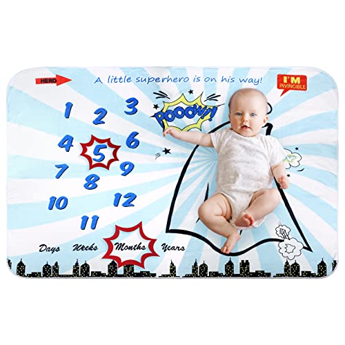 Image of 60" X 40" Superhero Baby Milestone Blanket Premium Soft Fleece Infant Month Blanket with Felt Frames Personalized Photography Backdrop Photo Prop Gifts for Newborn Boys Girls