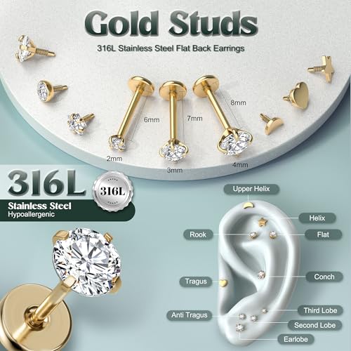 Fansilver 14K Gold Filled Flat Back Stud Earrings for Women 316L Surgical Steel Internal Thread Nose Rings Studs Hypoallergenic Lip Monroe Labret Medusa Piercing Jewelry3