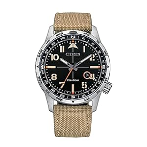 Citizen Reloj Eco-Drive Weekender Avion Field para hombre en acero inoxidable con correa de nailon caqui, esfera negra (Modelo: BM7550-01E), Correa de nailon caqui, Reloj
