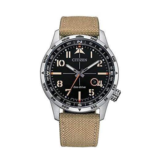 Citizen Men's Eco-Drive Weekender Avion Field Watch in Stainless Steel with Khaki Nylon Strap, Black Dial (Model: BM7550-01E)