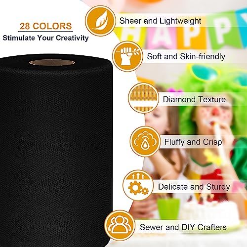 Black Tulle Fabric Roll 6 Inch by 100 Yards (300 ft) Tulle Ribbon Sheer Mesh Netting for DIY Tutu Skirt Gift Wrapping Wedding Baby Shower Birthday Halloween Party Decorations Crafts, 34 Colors (Black) — view 2