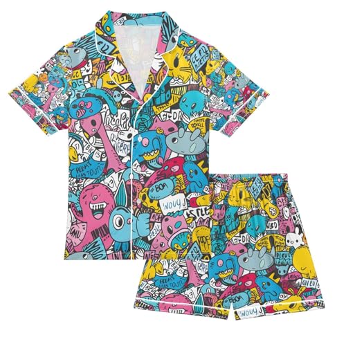senya Animals and Words Satin Summer Pajama Sets Silk Short Sleeve Button Down Sleepwear