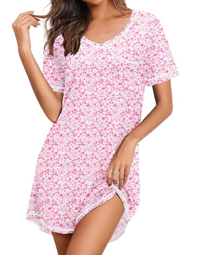 Image of Ekouaer Nightgowns for Women Short Sleeve Sleep Shirts V Neck Nightshirts Soft Sleepshirt Caual T Shirt Sleepdress