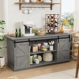 Shahoo Farmhouse Sideboard Buffet Cabinet, Coffee Bar Storage with Sliding Barn Doors, Shelf for Home Dining Room, Grey