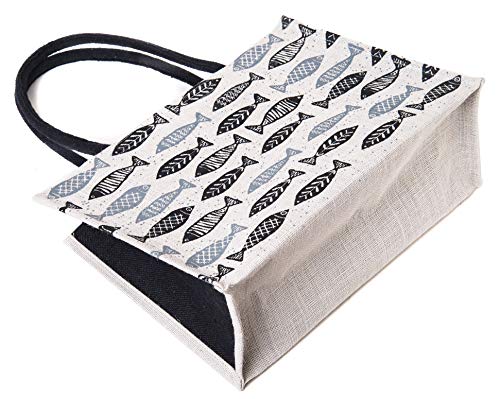 Image of H&B Unisex-Adult Jute Shopping Bag - Printed Shoulder Tote | Big Size Grocery Bag | Eco Friendly & Cute Collection (Fish-White)