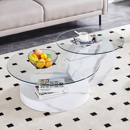 42" Glass Coffee Table, Round Coffee Table, 2-Tier Tempered Glass Tabletop with White Faux Marble Base, Modern Center Table for Living Room, Home, Apartment, Ideal for Small Space