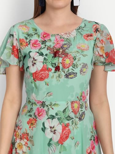 Image of Women's Floral Printed Georgette Standard Regular Fit and Flare Casual Knee Length Western Dress