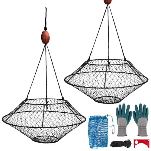QualyQualy Crab Ring Trap Net, Ring Crabs Kit Lobster Hoop, Portable Folded Crab Cage, Crabing Accessories with Bait Bag, Heavy Duty Hoop Nets for Crabbing, 24