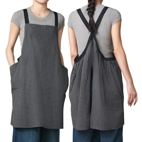ARKCHIU Delantal Mujere De Algodón con 2 Bolsillos, Japón Estilo, Delantales Cocina para Mujeres Cocinar Y JardineriaGrey,One Size