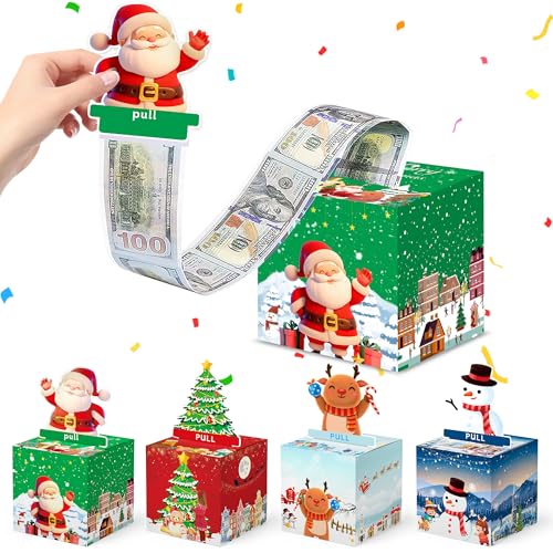 LETAAKA 4 Pack Christmas Money Box for Cash Gift Pull Surprise Money Gift Boxes Christmas Money Holder Box with Pull Out Card and 120 Pcs Transparent Bags Fun Money Gift Ideas for Kids and Adults