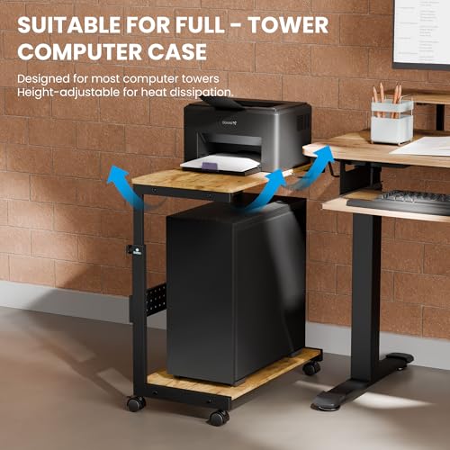 Image of EUREKA ERGONOMIC PC Stand Computer Cart, Height Adjustable Tower Stand 2-Tier Suit for ATX Case Printer, Metal Rolling Cart on Wheels for Gaming Home Office, Antique Wood