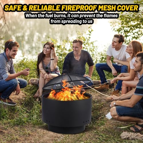 Garvee 26 Inch Smokeless Fire Pit, Fire Pits for Outside Wood Burning with Fire Poker, Mesh Lid, Cooking Grate, Cover, Portable Patio Bonfire Pit for Outside BBQ, Yard, Garden, Camping