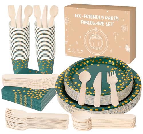 Anstore Set de 200 Assiettes en Carton Vertes à Pois Dorés - Réutilisables avec Fourchettes, Couteaux, Cuillères, Serviettes, Gobelets - 25 Couverts pour Fête et...