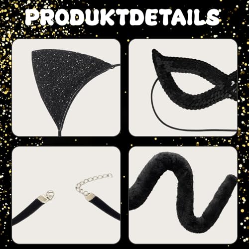 QckZee 5-teiliges Katzenkostüm Damen Set – Katzenohren Haarreif, Katzenschwanz, Handschuhe, Maske & Halsband – Cosplay Zubehör für Erwachsene, Halloween Verkleidung & Rollenspiel
