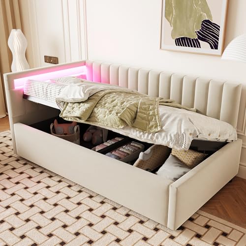 Polsterbett Schlafsofa 90x200, mit LED-Beleuchtung und hydraulischem Stauraum, klassisches vertikales Streifendesign, seitliche Kopfteile mit austauschbaren Positionen, Lattenrost, Samtstoff, Beige