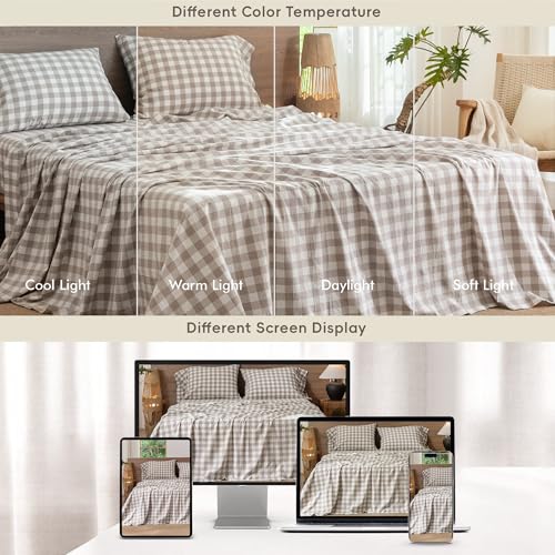 Image of MooMee Gingham Sheet Set 100% Washed Cotton Linen Like Textured Breathable Soft w /Fully Elasticized 16-19 inch Deep Pocket (Buffalo Plaid Tannish Linen Grey, Queen)