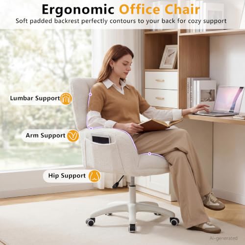 Image of FOXHUNTER Vanity Chair with Wheels Comfy Home Office Desk Chairs with Pillow, 360 Swivel,Adjustable Height Makeup Vanity Chairs for Living Room, Bedroom(Teddy, White-Upgraded Oversized)
