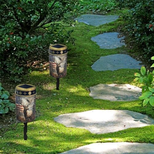 Image of Poceacles Deer American Flag Forest Outdoor Lights Solar Powered Flameless Candle Cemetery Votive Candles Waterproof Outdoor Memorial Candle Solar Stake Lights Home Outdoor Decoration, 6 PCS