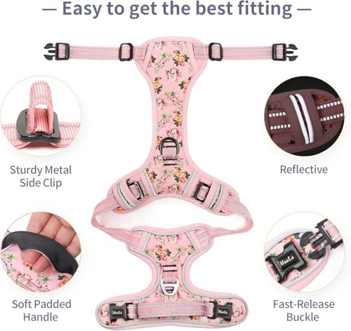 Image of HEELE Dog Harness, No Pull Adjustable Padded Reflective Harness for Small Medium Large Dogs with Handle for Walking Training, Flower-Pink, M