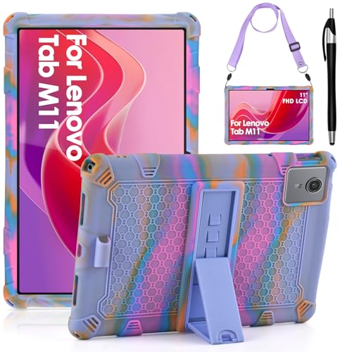 KATUMO Kinder Silikon Hülle für Lenovo Tab M11 (11 Zoll) 2024 Tablet TB330FU/331FC Schutzhülle mit Schultergurt und Stylus Pen Kinderfreundliche Bunt Cover Case für Lenovo Tablet Tab M11