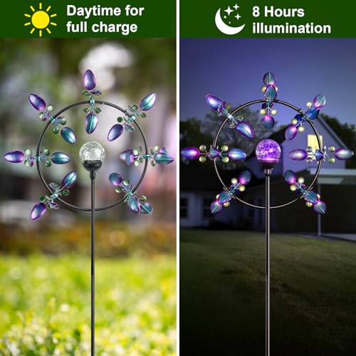 Image of Large Peacock Solar Wind Spinner Outdoor - Metal Kinetic Sculptures with Color-Changing Glass Ball, Dual Direction Spinning Garden Art Decor, Waterproof Lighted Windmills for Patio, Yard, Lawn