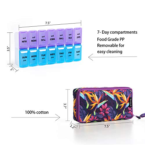 Image of Weekly Pill Organizer 2 Times a Day, Zumd Pill Box 7 Day with Cute Quilted Fabric Zipper Case, Travel Pill Case Am Pm for Vitamin Medicine Organizer